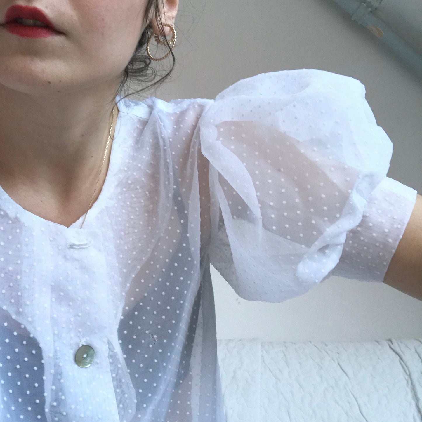 Puffy Polka dots sheer blouse