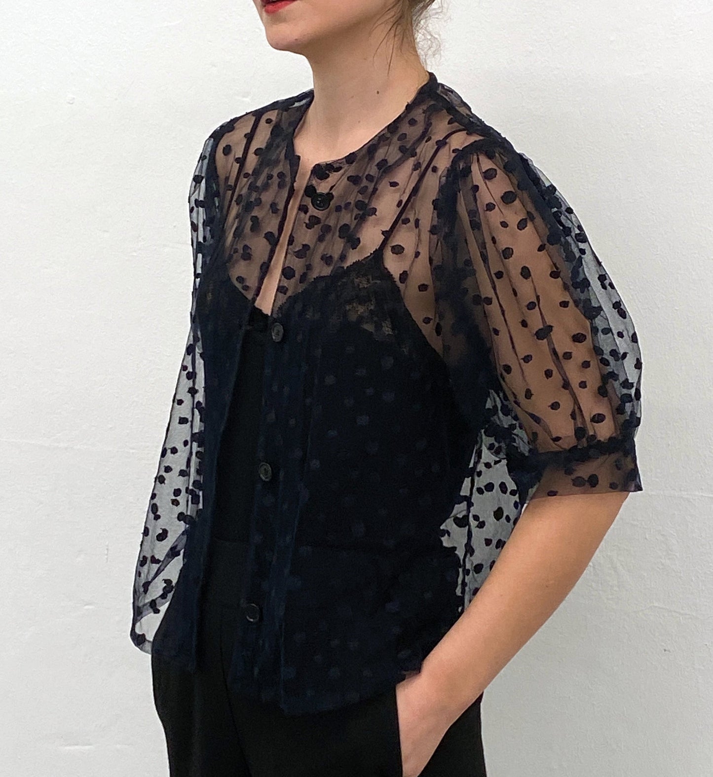 Puffy polka dots sheer blouse