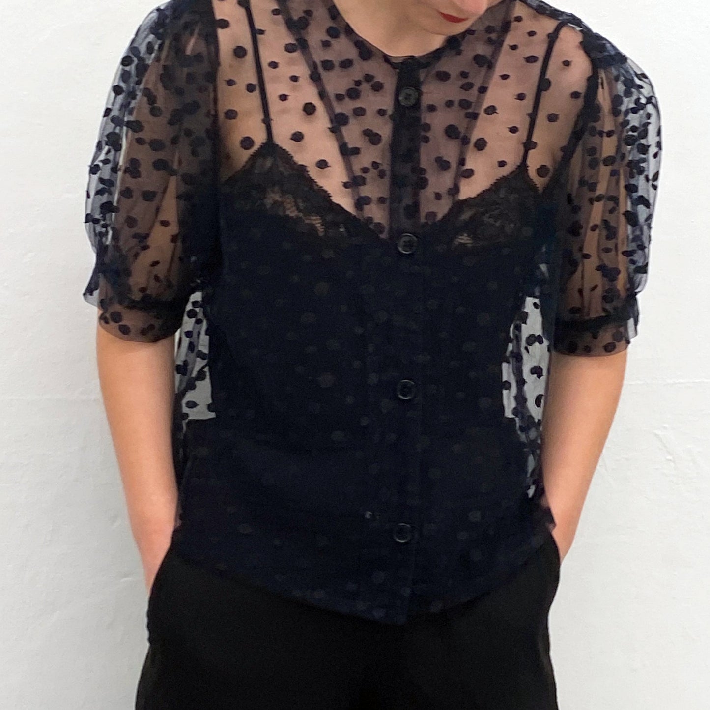 Puffy polka dots sheer blouse