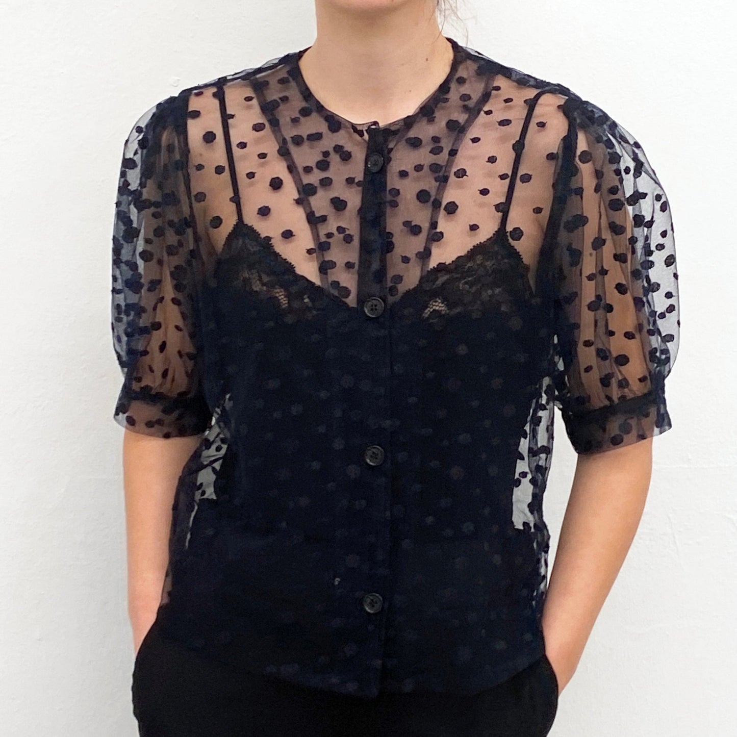 Puffy polka dots sheer blouse